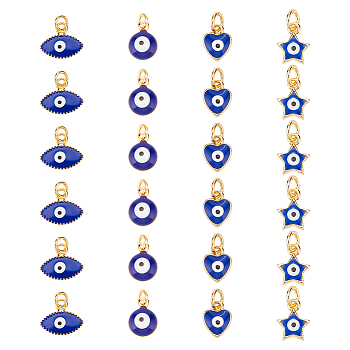 24Pcs 4 Style Rack Plating Brass Enamel Charms, with Jump Rings, Cadmium Free & Lead Free, Real 18K Gold Plated, Star & Heart with Evil Eye, Marine Blue, 9~10x6.5~11x2~4.5mm, Hole: 2.5~3mm, 6pcs/style