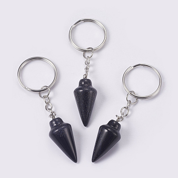 Synthetic Blue Goldstone Keychain, with Iron Key Rings, Platinum, 78mm, Pendant: 32x14mm