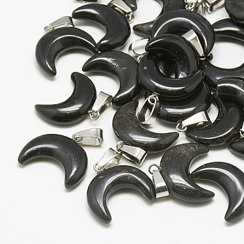 Natural Black Agate Pendants, with Stainless Steel Snap On Bails, Moon, Dyed, Stainless Steel Color, 18~19x20x6mm, Hole: 6x2.5mm