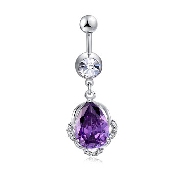Brass Cubic Zirconia Navel Ring, Belly Rings, with 304 Stainless Steel Bar, Cadmium Free & Lead Free, teardrop, Dark Orchid, 46mm, Bar: 15 Gauge(1.5mm), Bar Length: 3/8"(10mm)