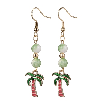 Real 18K Gold Plated Alloy Enamel Dangle Earrings, with Natural Dyed White Jade Round Beaded, Tree of Life, 58x13mm