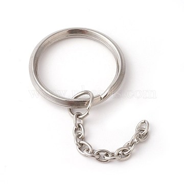 304 Stainless Steel Split Key Rings, Keychain Clasp Findings, with Chains, Stainless Steel Color, 70mm, 28x3.3mm(STAS-G185-06P-28mm)