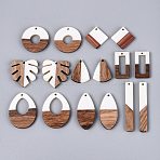 16Pcs 8 Styles Opaque Resin & Walnut Wood Pendants, Mixed Shapes Charms, Floral White, 24~52x7.5~28.5x2.5~4mm, Hole: 1.8~2mm, about 8 Styles(RESI-N053-25)