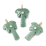 Natural Green Aventurine Carved Pendants, Coconut Tree Charms with Brass Micro Pave Clear Cubic Zirconia Findings, Golden, Rack Plating, 35~36x21.5~22x0.5mm, Hole: 3.7mm(X-G-C282-04E)