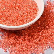 8/0 Transparent Glass Seed Beads, Inside Colours, Round Hole, Round, Orange Red, 3~3.5x2mm, Hole: 1~1.2mm, about 450g/bag(SEED-F003-03B-11)