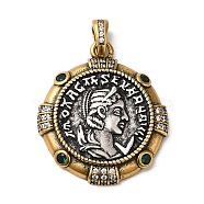 Brass with Cubic Zirconia Pendants, Long-Lasting Plated, Cadmium Free & Lead Free, Flat Round with Human, Antique Silver & Antique Golden, 29.5x25.5x4mm, Hole: 5mm(KK-Z033-10AS)