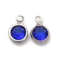 304 Stainless Steel with Glass Charms, Stainless Steel Color, Faceted Flat Round, Blue, 9.5x6.5x2mm, Hole: 1.5mm(STAS-G305-11P-01)