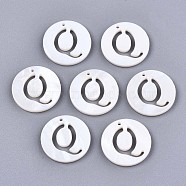 Natural Freshwater Shell Charms, Flat Round with Hollow Out Letter, Letter.Q, 14.5x1.5mm, Hole: 0.9mm(SHEL-S276-119Q)