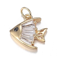Brass Micro Clear & Black Cubic Zirconia Charms, Long-Lasting Plated, Fish Shape, Real 18K Gold Plated, 11.5x11x2.4mm, Hole: 2.7mm(X-ZIRC-F120-054G)