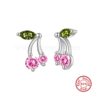 Anti-Tarnish 925 Sterling Silver Micro Pave Cubic Zirconia Stud Earrings, Cherry, Pink, Platinum, 9x7mm(EJEW-K284-08P)