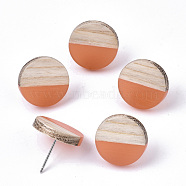 Transparent Resin & Wood Stud Earrings, with 304 Stainless Steel Pin, Flat Round, Coral, 15mm, Pin: 0.7mm(EJEW-N017-003A-D07)