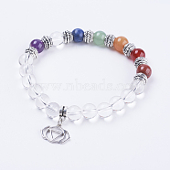 Natural Quartz Crystal Stretch Bracelets, with Mixed Stone, Alloy Findings and Brass Pendants, Flower, Antique Silver, 2-1/8 inch(54mm)(BJEW-F308-32AS)