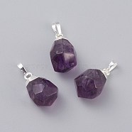 Natural Amethyst Pendants, with Brass Bails, Faceted, Teardrop, Silver Color Plated, 19~21x12~14x11~15mm, Hole: 5x3mm(X-G-G845-07S-05A)