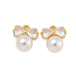 Brass Micro Pave Cubic Zirconia Charms, with ABS Plastic Pearl, Bowknot, Real 18K Gold Plated, 14x12x7.5mm, Hole: 1.6mm(KK-U036-02G)