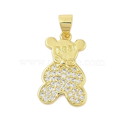 Rack Plating Brass Micro Pave Cubic Zirconia Pendants, Long-Lasting Plated, Lead Free & Cadmium Free, Bear, Real 18K Gold Plated, 19.5x12.5x2mm, Hole: 3.5x5mm(KK-Z074-64G)