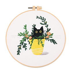 Cat & Plant Pattern DIY Embroidery Kits, Including Printed Cotton Fabric, Embroidery Thread & Needles, Imitation Bamboo Embroidery Hoop, Yellow, Hoop: 220x200mm(DARK-PW0001-155A)
