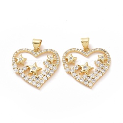 Brass Cubic Zirconia Pendants, Heart with Star Charm, Golden, 21x22x2.5mm, Hole: 3x5mm(ZIRC-I062-10G)