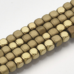Electroplate Non-magnetic Synthetic Hematite Bead Strands, with Matte Style, Cube, Golden Plated, 3x3x3mm, Hole: 1mm, about 142pcs/strand, 15.7 inch(X-G-Q467-11F)