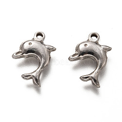201 Stainless Steel Pendants, Dolphin, Stainless Steel Color, 17x11x3mm, Hole: 1.4mm(STAS-H125-42P)