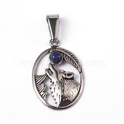 304 Stainless Steel Pendants, with Lapis Lazuli, Oval with Wolf, Antique Silver, 29x19x5mm, Hole: 10x5mm(STAS-L184-002)
