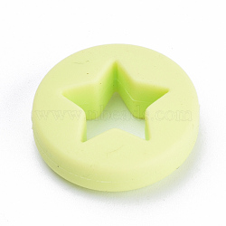 Food Grade Eco-Friendly Silicone Focal Beads, Chewing Beads For Teethers, DIY Nursing Necklaces Making, Flat Round with Star, Green Yellow, 21x7mm, Hole: 2mm(SIL-T040-11)