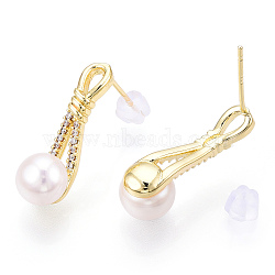 Natural Pearl Stud Earrings Micro Pave Cubic Zirconia, Brass Earrings with 925 Sterling Silver Pins, High-Heeled Shoes, Real 18K Gold Plated, 22x5.5x2.5mm, Pin: 0.8x11.5mm, Pearl
: 7.5mm in diameter, 6mm thick.(PEAR-N022-B01)