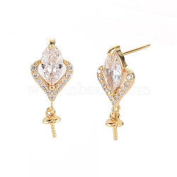 Brass Micro Pave Clear Cubic Zirconia Earring Findings, for Half Drilled Beads, Nickel Free, Real 18K Gold Plated, 19.5x8mm, Pin: 0.7mm, Pin: 0.7mm(for half drilled beads)(KK-S356-438-NF)