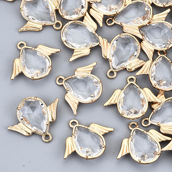 Faceted Glass Pendants, with Eco-Friendly Alloy Findings, Cadmium Free & Nickel Free & Lead Free, Angel, Light Gold, Clear, 18x22x4.5mm, Hole: 1.6mm