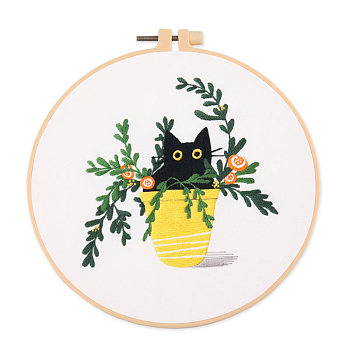 Cat & Plant Pattern DIY Embroidery Kits, Including Printed Cotton Fabric, Embroidery Thread & Needles, Imitation Bamboo Embroidery Hoop, Yellow, Hoop: 220x200mm