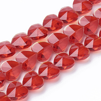 Transparent Glass Beads, Faceted, Heart, Red, 10x10x6.5mm, Hole: 1mm