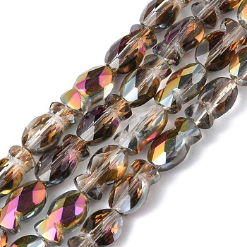 Transparent Electroplate Glass Beads Strands, Half Rainbow Plated, Faceted, Fish, Black, 10.5x6x5mm, Hole: 1.4mm, about 55pcs/strand, 21.97 inch(55.8cm)