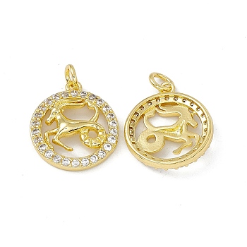 Real 18K Gold Plated Brass Micro Pave Clear Cubic Zirconia Pendants, with Jump Ring, Ring with Constellation Charm, Capricorn, 18.5x16x3mm, Hole: 3.4mm