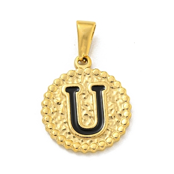 Ion Plating(IP) 304 Stainless Steel Enamel Pendants, Golden, Flat Round with Letter Charm, Letter U, 21x18x2mm, Hole: 8x3.5mm