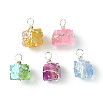 Electroplated Natural Quartz Copper Wire Wrapped Pendants, Irregular Shape Charms, Mixed Color, Silver, 18~21x12.5~15x11~14.5mm, Hole: 4mm