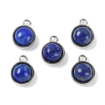 Natural Lapis Lazuli Pendants, with Platinum Tone Rack Plating Brass, Flat Round, 9.8x7.5x4.3mm, Hole: 1.2mm