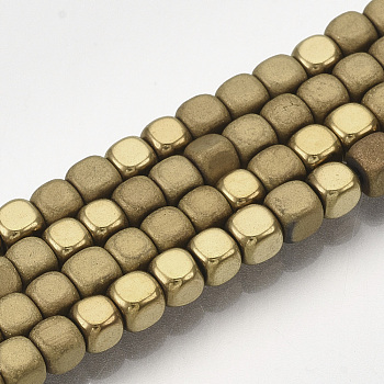 Electroplate Non-magnetic Synthetic Hematite Bead Strands, with Matte Style, Cube, Golden Plated, 3x3x3mm, Hole: 1mm, about 142pcs/strand, 15.7 inch