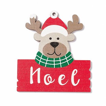 Christmas Spray Painted Wood Big Pendants, Reindeer/Stag with Word Noel, Colorful, 89x79x2mm, Hole: 3.5mm