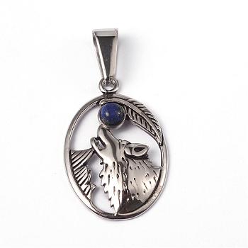 304 Stainless Steel Pendants, with Lapis Lazuli, Oval with Wolf, Antique Silver, 29x19x5mm, Hole: 10x5mm