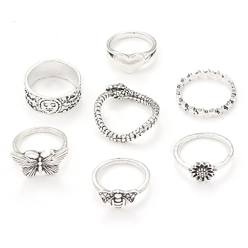 Tibetan Style Alloy Stackable Rings Set, Gothic Jewelry for Women, Antique Silver, Inner Diameter: 15~19mm, 7Pcs/set