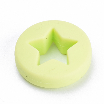 Food Grade Eco-Friendly Silicone Focal Beads, Chewing Beads For Teethers, DIY Nursing Necklaces Making, Flat Round with Star, Green Yellow, 21x7mm, Hole: 2mm