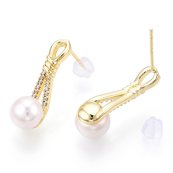 Natural Pearl Stud Earrings Micro Pave Cubic Zirconia, Brass Earrings with 925 Sterling Silver Pins, High-Heeled Shoes, Real 18K Gold Plated, 22x5.5x2.5mm, Pin: 0.8x11.5mm, Pearl
: 7.5mm in diameter, 6mm thick.