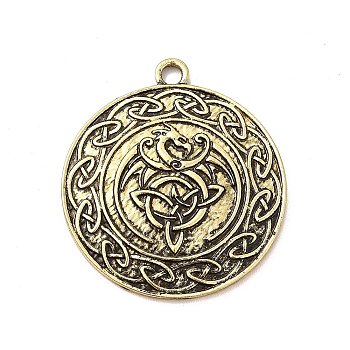 Tibetan Style Alloy Pendants, Flat Round with Dragon & Knot Charm, Antique Bronze, 38x34x2.5mm, Hole: 2.6mm