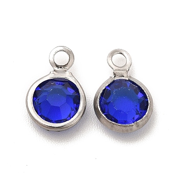 304 Stainless Steel with Glass Charms, Stainless Steel Color, Faceted Flat Round, Blue, 9.5x6.5x2mm, Hole: 1.5mm