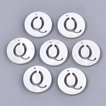 Natural Freshwater Shell Charms, Flat Round with Hollow Out Letter, Letter.Q, 14.5x1.5mm, Hole: 0.9mm