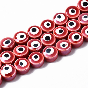 Handmade Porcelain Ceramic Beads Strands, Bright Glazed Porcelain, Flat Round with Evil Eye, Red, 8x5mm, Hole: 1.5mm, about 40pcs/strand, 12.01 inch(30.5cm)