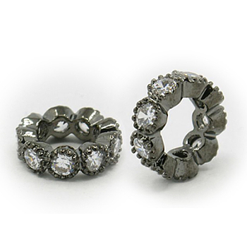 Brass Cubic Zirconia Beads, Rondelle, Gunmetal, 10x3mm, Hole: 6mm