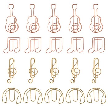 48Pcs 4 Styles Carbon Steel Paper Clips, Paper Clips for Music Lovers, Funny Bookmark Marking Clips, Guitar & Music Note & Headset Pattern, Mixed Color, 23~42x12~25x2~5mm, 12pcs/style