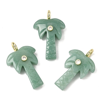 Natural Green Aventurine Carved Pendants, Coconut Tree Charms with Brass Micro Pave Clear Cubic Zirconia Findings, Golden, Rack Plating, 35~36x21.5~22x0.5mm, Hole: 3.7mm