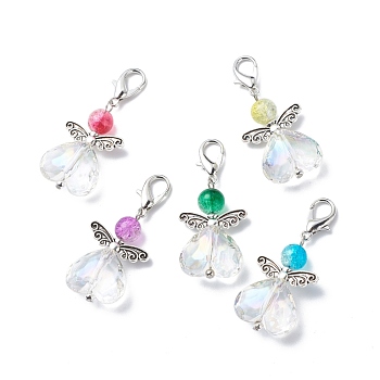 AB Color Transparent Acrylic Beads Pendant Decorations, Heart Angel Clip-on Charms, with Crackle Glass Beads and Zinc Alloy Lobster Claw Clasps, Mixed Color, 47mm