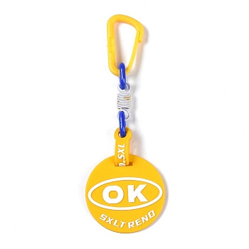 Plastic Pendant Decorations, Flat Round with Word, Yellow, 160mm, falt round: 54x3mm